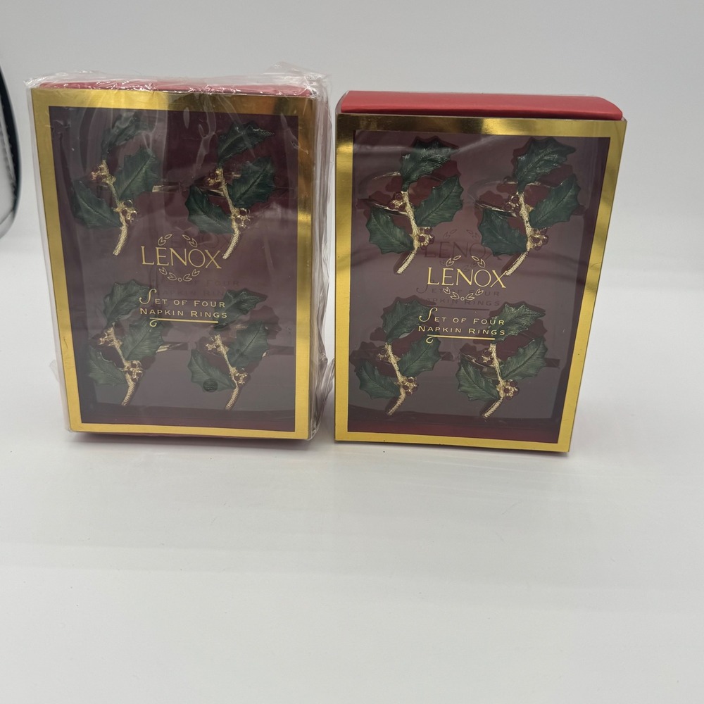 Lenox Holiday Holly Napkin Rings Set of 8 Gold Tone Green Red Berry 7156